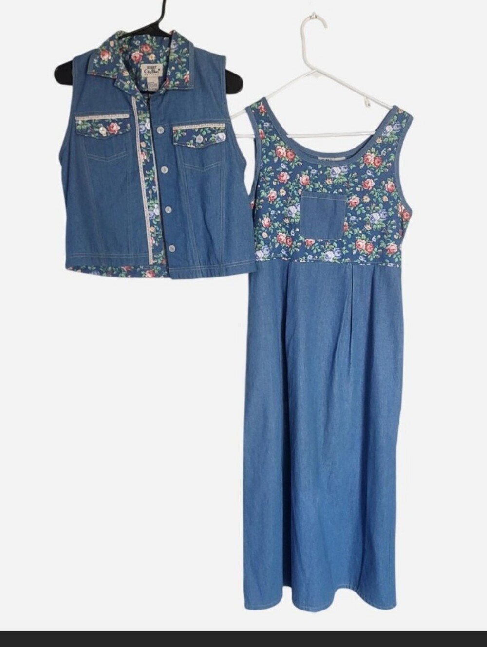 Vintage 90s Koret City Blues Blue Floral Cotton Dress and Vest Set